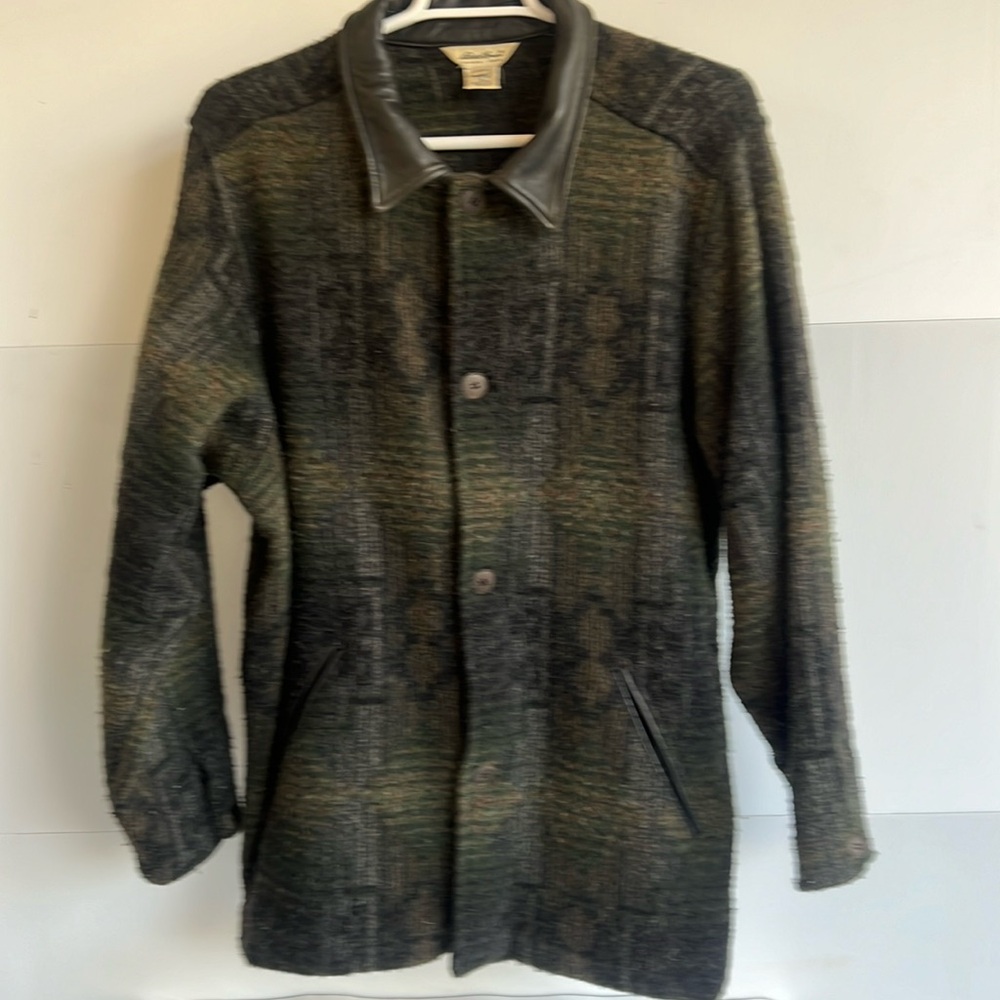 Eddie Bauer Vintage Wool Chore Coat Barn Jacket Leather Trim L Geometric Pattern